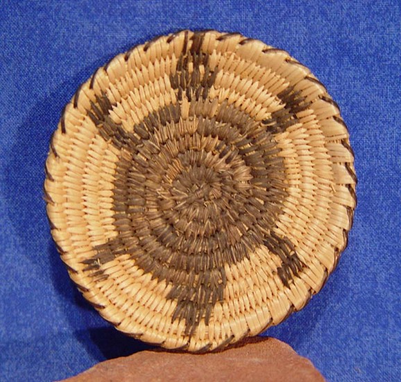 02 - Indian Baskets, Miniature Pima Basketry: c. 1930-40 Tray, Turtle Motif (2 5/8" d)