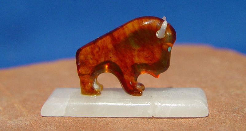 06 - Zuni Fetishes, Miniature Zuni Fetish: Bison/Buffalo by Todd Westika, with Base, Amber, Shell (1" ht x 0.5" w x 1.5" l)
Contemporary