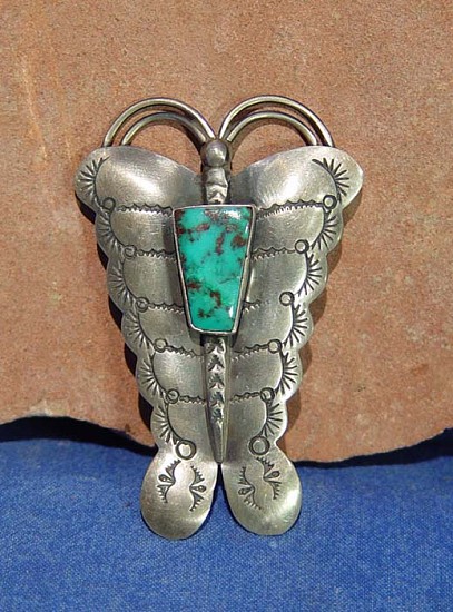 08 - Jewelry-New, Navajo Sterling Silver and Bisbee Turquoise Butterfly Pin
2000