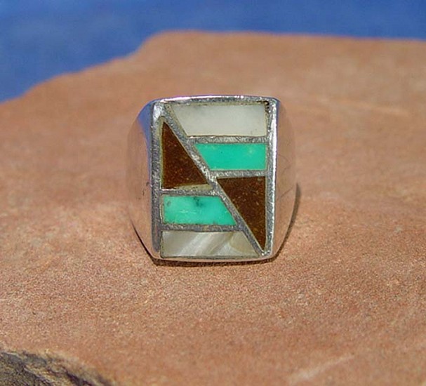 08 - Jewelry-New, Man's Zuni Ring - Sterling Silver, Shell and Turquoise inlay, Size 11
1980