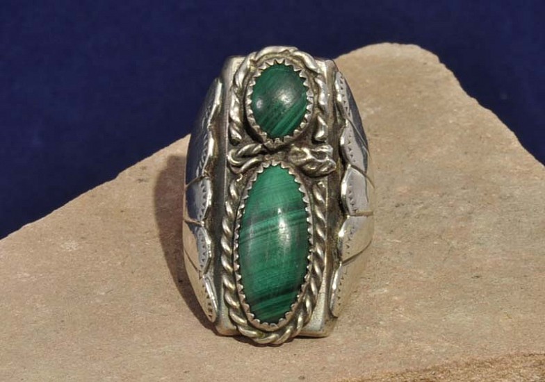 08 - Jewelry-New, Navajo Sterling Silver and Malachite Ring, 2 Jade 9 3/4" size
1980