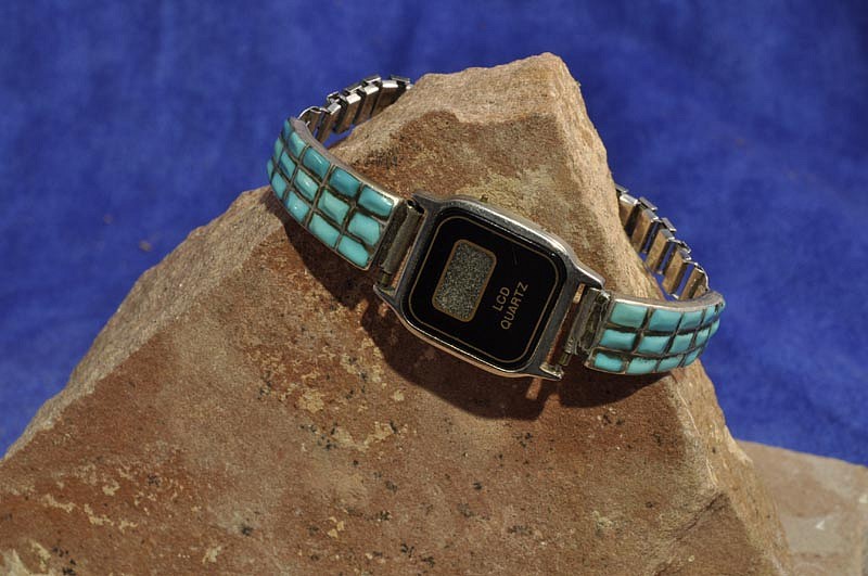 07 - Jewelry-Old, Zuni Watch Bracelet, Small: Inlaid Turquoise (5" - 5.75")
c. 1960, Sterling Silver and Turquoise