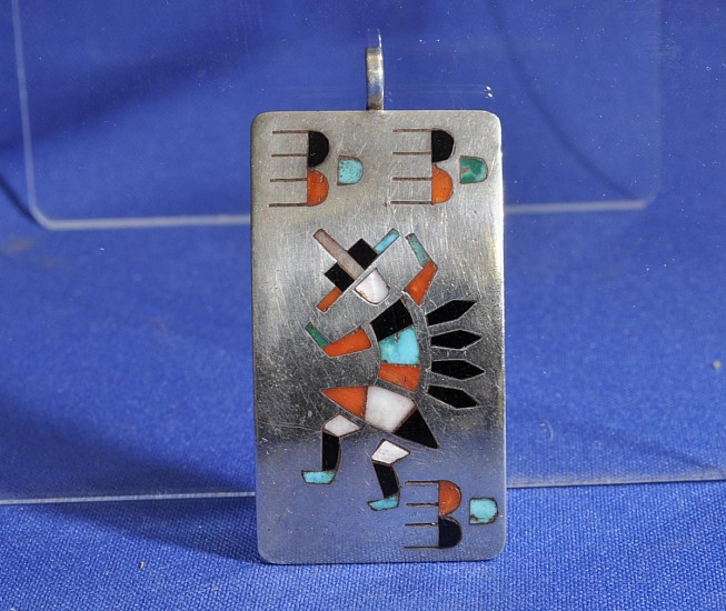 07 - Jewelry-Old, Zuni Necklace Pendant: Rainbow Dancer, Clouds, Multistone Inlay (2 5/8")
c. 1950-1960, Sterling silver with inlaid stones