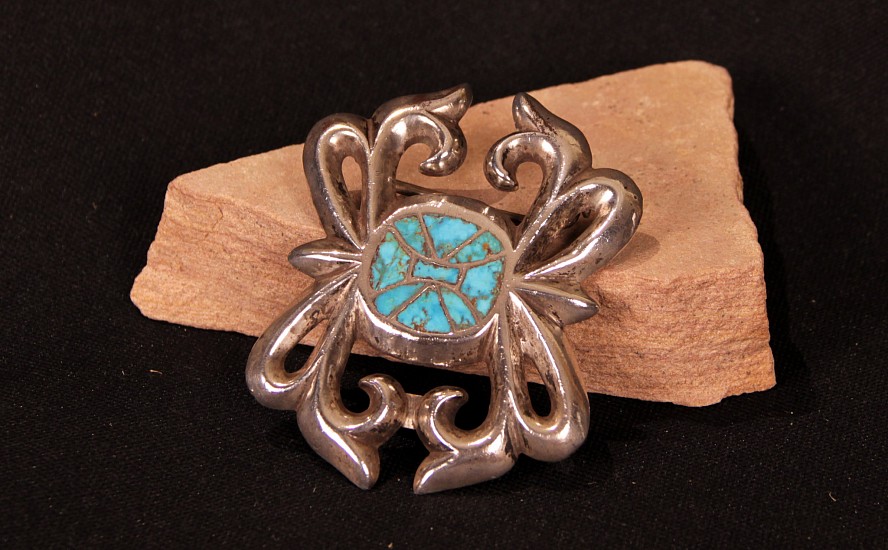 08 - Jewelry-New, Navajo Belt Buckle: Inlaid Turquoise Stones (2.75" x 3")
Sterling Silver and Turquoise