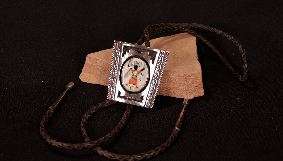 08 - Jewelry-New, Navajo Bolo Tie: Dancer Motif in Mother of Pearl, Coral, Turquoise, Jet (2.25" x 2")
Sterling silver with inlaid stones