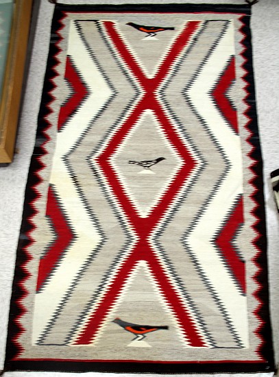 01 - Navajo Textiles, Rare Antique Navajo Rug: Three Birds Pictorial, Excellent Condition (45" x 80")
c. 1920, Handspun wool