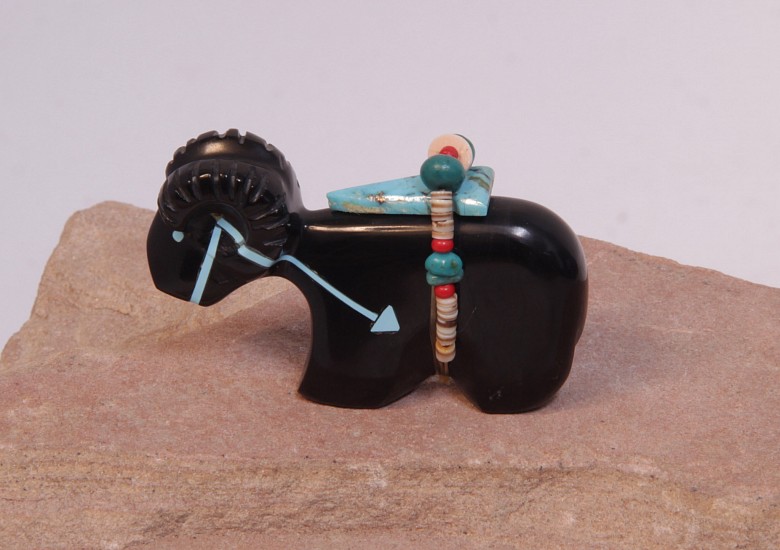 06 - Zuni Fetishes, Zuni Fetish by Rodney Laiwakete: Ram, Black Marble, Turquoise Heartline, Offering (1.25" ht x 0.5" w x 2" l)
Contemporary, Black Marble