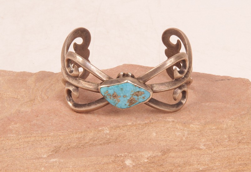 07 - Jewelry-Old, Navajo Sandcast Cuff: Single Turquoise Stone (5" + 1.5" gap)
c. 1960, Sterling Silver and Turquoise