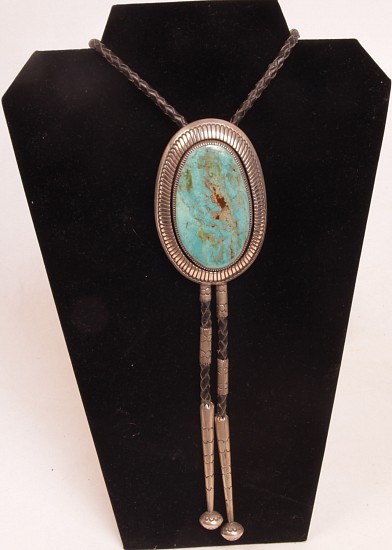 08 - Jewelry-New, Navajo Bolo Tie by Gibson Nez: Single Turquoise Setting, Oval Cut (3.5" x 2.5")
c. 1990-2000, Sterling Silver and Turquoise
