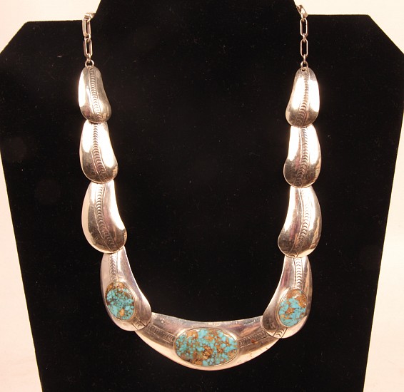 08 - Jewelry-New, Sterling Silver Link Necklace w/ Morenci Turquoise Settings by Paul Lawrence 18 1/2" long c.1970s