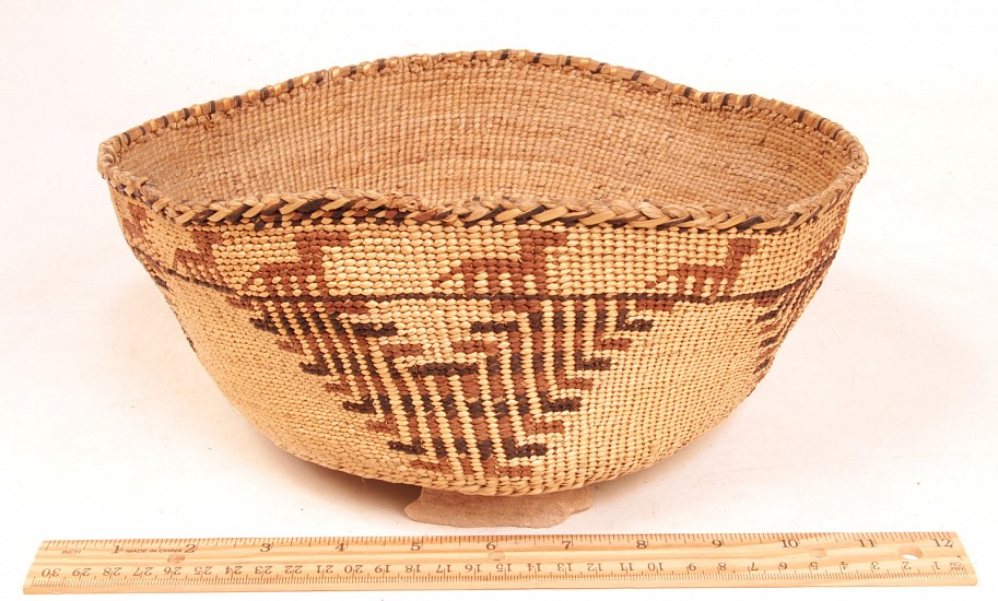 02 - Indian Baskets, Large 10"d Antique Skokomish Polychrome Basketry Pictorial Bowl featuring red dogs near the rim 10" x 4 1/2" Mint condiition