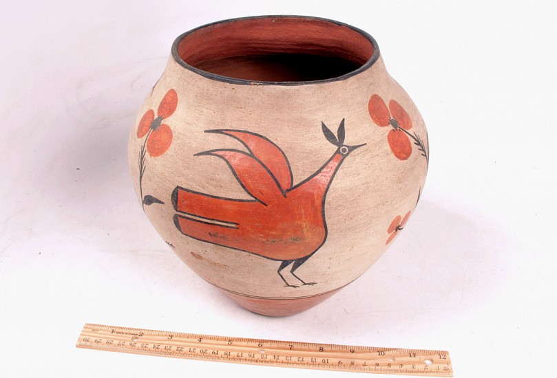 03 - Pueblo Pottery, Large Antique Zia Polychrome Birds & Flower Motifs Pottery Olla / Jar 12" x 9 1/2" c.1920s