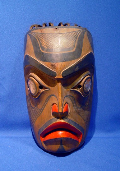10 - Pacific Northwest, NW Coast Tsimshian painted mask with hairlocks , deeply carved interior; unsigned
Mid 20th century