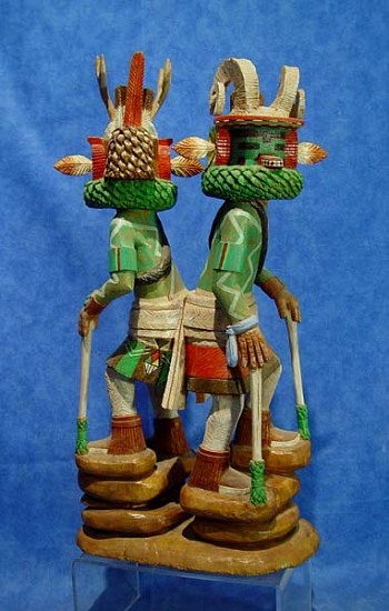 05 - Kachinas and Dolls, Double  Hopi Kachina: Bighorn/Ram and Deer, One-Piece Style, by Valjean Lalo (13.25")
Hand Carved and Painted Cottonwood Root