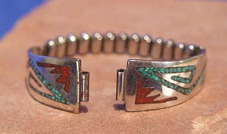 08 - Jewelry-New, Navajo Watch Band: Chip Inlay, Turquoise and Coral (5")
c. 1970, Sterling Silver, Turquoise and Coral