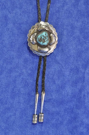 07 - Jewelry-Old, Navajo Bolo Tie: One Large Turquoise Setting, Leaf Motif, Drum-Shaped Tips (3" x 2.5")
c. 1970-1980, Sterling Silver and Turquoise