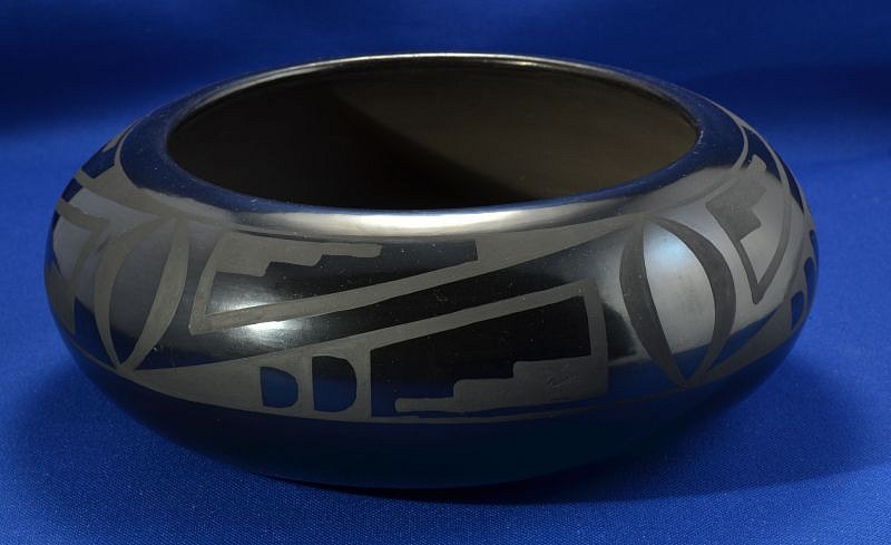 04 - Maria Martinez, Maria Martinez Pottery, Maria and Santana: Blackware Bowl, Geometric Motif (3.25" ht x 8" d)
Hand coiled clay pottery