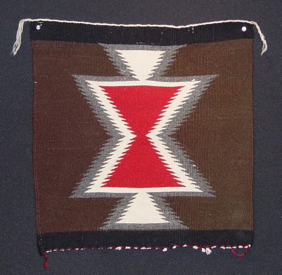 01 - Navajo Textiles, Antique Navajo Sampler: c. 1890 Germantown Yarn, Red Hourglass Motif, Khaki Green/Brown Field, Excellent Condition (17" x 17")
c. 1890, Germantown Wool Trade Yarns