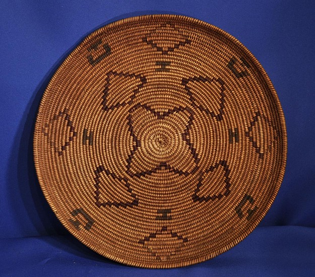 02 - Indian Baskets, Antique Paiute (Nevada) Basketry: c. 1890 Three-Color Polychrome Tray, Red Yucca Root (1" ht x 12.25" d)
c. 1890, Willow and Devil's claw