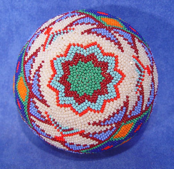 02 - Indian Baskets, Paiute Beaded Basket: White Field (2 3/8" ht x 4 1/8" d)
c. 1950, Willow and glass seed beads.