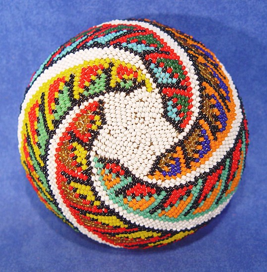 02 - Indian Baskets, Paiute Beaded Basket: White Field, Star Motif on Base, Serrated Spiral Motif (2.25" ht x 4.25" d)
c. 1950, Willow and glass seed beads.