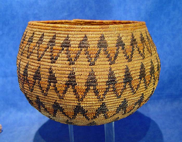 02 - Indian Baskets, LARGE Antique Mission Basket: c. 1910 Globular Bowl, Polychrome, Sunburst Motif (11" d. x 7" ht.)
c. 1910, Juncus, dyed juncus and sumac