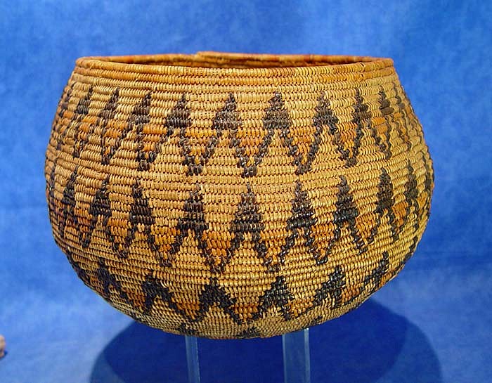 02 - Indian Baskets, LARGE Antique Mission Basket: c. 1910 Globular Bowl, Polychrome, Sunburst Motif (11" d. x 7" ht.)
c. 1910, Juncus, dyed juncus and sumac