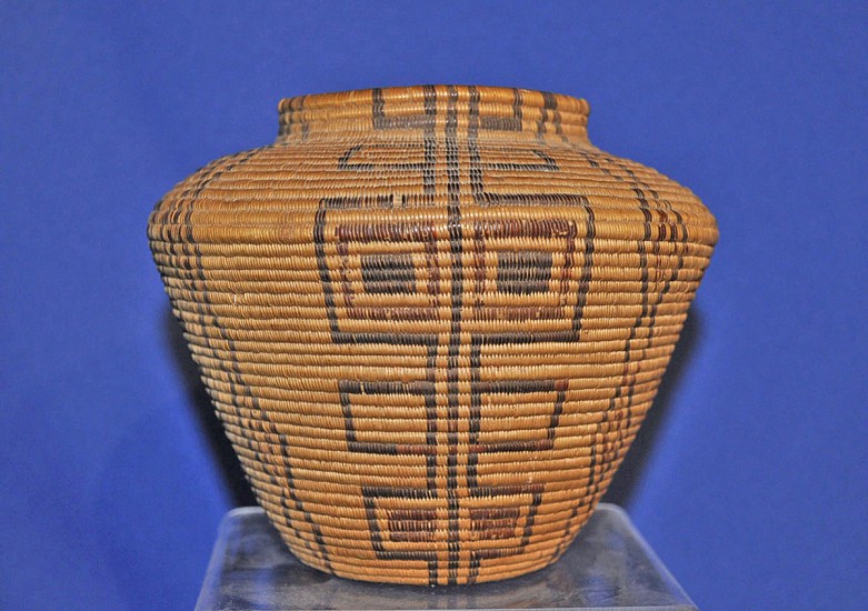 02 - Indian Baskets, Fine Antique Panamint Basketry: c. 1890 Polychrome Olla, Vertical Motif (5.25" ht x 6" w)
c. 1890, Willow, Redbud, Devils claw