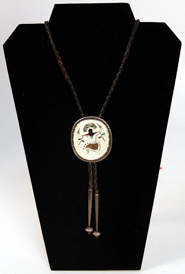 07 - Jewelry-Old, Zuni Bolo Tie: Apache Gahn Dancer, Bone, Mother of Pearl, Coral, Abalone (2 1/8")
c. 1960s