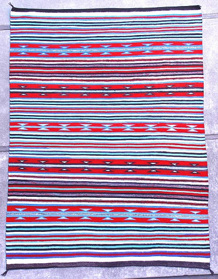 01 - Navajo Textiles, 96"x69" Navajo Rug: c. 1950 Banded Chinle with Rare Blue Color Combination, Mint Condition (69" x 96")
1950, Wool Warp and Weft
