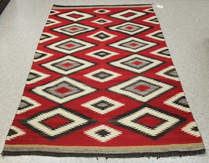 01 - Navajo Textiles, Antique Navajo Rug: c. 1920 Serrated Diamonds, Eyedazzler (40" x 70")
c. 1920, Handspun wool