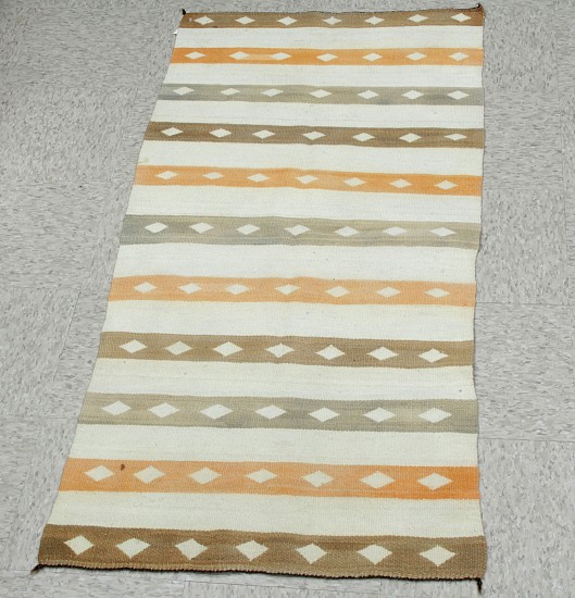 01 - Navajo Textiles, Antique Navajo Banded Saddle Blanket: c. 1930 Banded Multicolor on White Field, Diamond Motif (28" x 58")
1930, Handspun wool