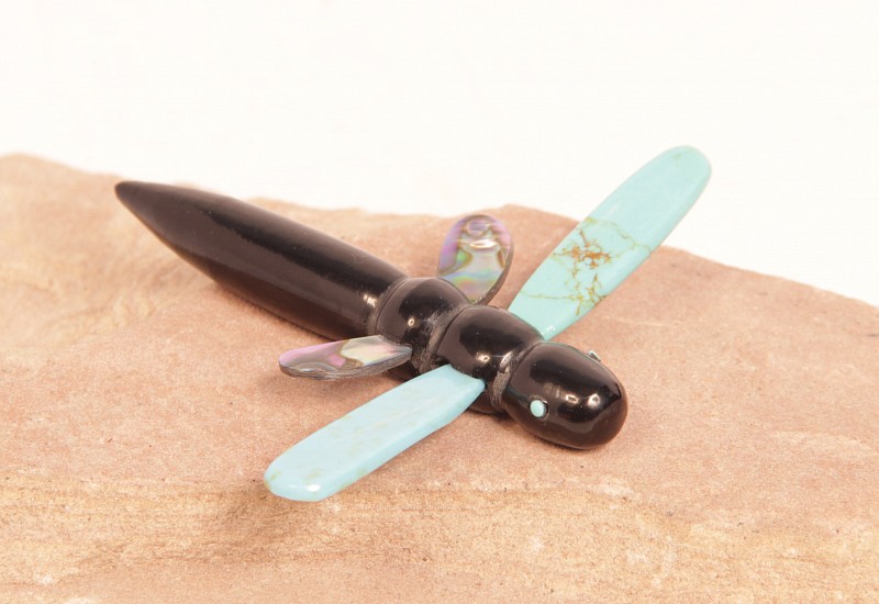 06 - Zuni Fetishes, Zuni Fetish by Hayes Leekya: Dragonfly, Jet with Turquoise and Mother of Pearl (1/4" ht x 3" w x 3" l)
1980