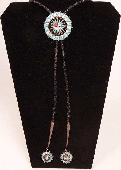 07 - Jewelry-Old, Zuni Bolo: Sunface, Turquoise, Jet, Mother of Pearl, Coral (2" d)
c. 1970-1980, Sterling silver with inlaid stones