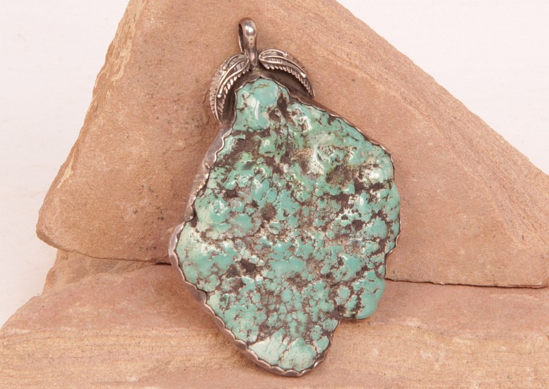 07 - Jewelry-Old, Large Necklace Pendant: Seafoam Nugget Turquoise, Leaf Motif (2.25" x 3.25")
Sterling Silver and Turquoise