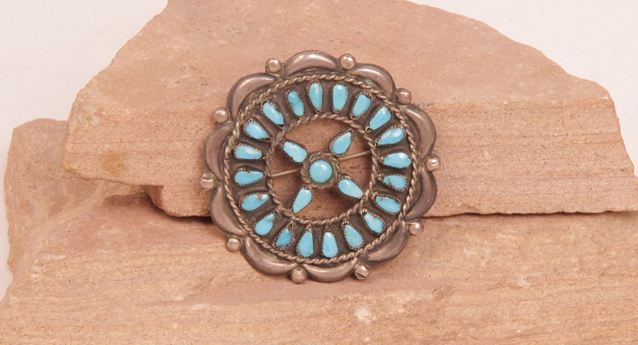 07 - Jewelry-Old, Pin: Rounded Broach, Turquoise Cluster (2 1/8" d)
c. 1970, Sterling Silver and Turquoise