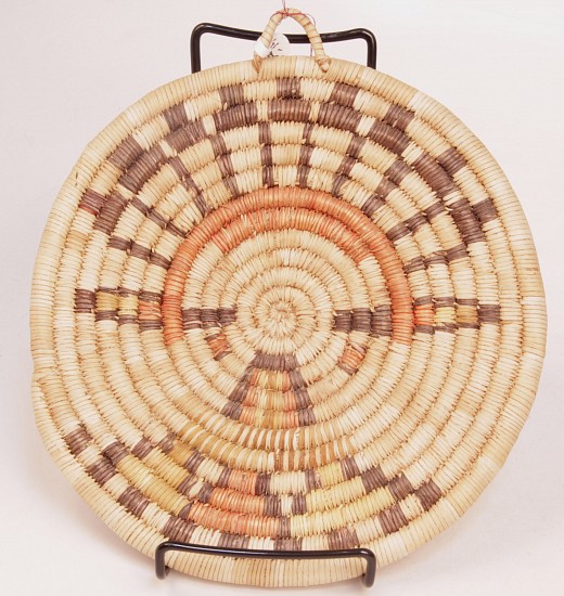 02 - Indian Baskets, Hopi Basketry: Mid-20th Century Coiled Plaque, Shalako Maiden Motif (9"d)
Mid-20th century
