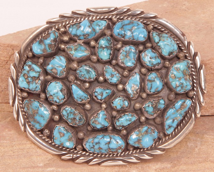 08 - Jewelry-New, Navajo Belt Buckle Signed V. Chee: Turquoise Cluster on Sterling Silver (3" x 3.75")
c. 1980