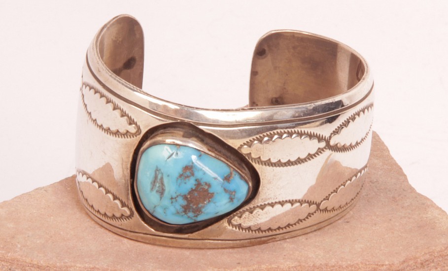 08 - Jewelry-New, Navajo Cuff Bracelet by E. King: Shadowbox with Turquoise Setting, Treated, on Sterling Silver, Stampings, Tapered End (5.5" + 1" gap)
c. 1980, Sterling Silver and Turquoise