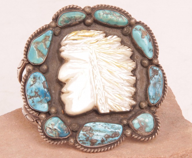 08 - Jewelry-New, Santo Domingo Cuff Bracelet by Johnny Benavidez: Indian Head Motif, Mother of Pearl, Turquoise Settings (4.5" + 1.5" gap)
c. 1980, Sterling silver