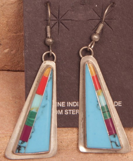 08 - Jewelry-New, Hook Earrings, Hallmarked "DG": Multistone Inlay, Triangular Form (1.5" x 0.75")
Contemporary, Sterling silver with inlaid stones