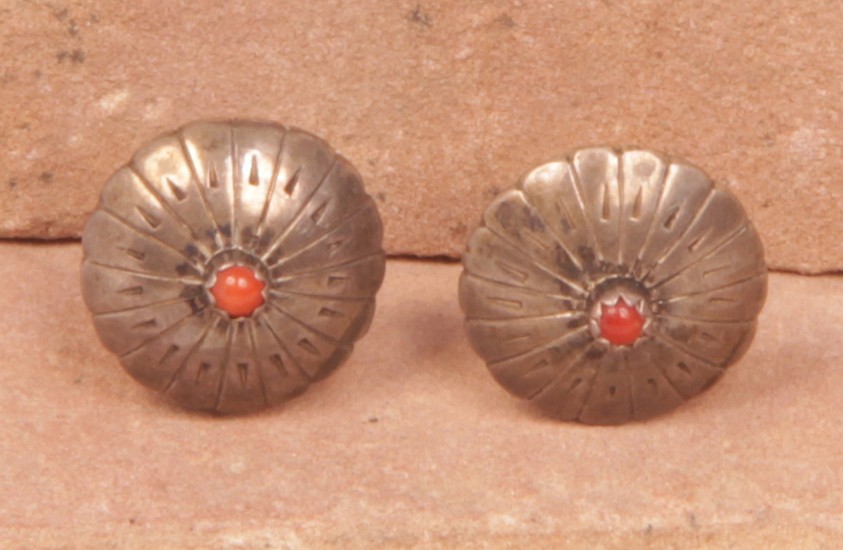 07 - Jewelry-Old, Zuni Clip Earrings: Coral Petit Point Settings (0.75" d)
c. 1960s, Sterling Silver and Coral