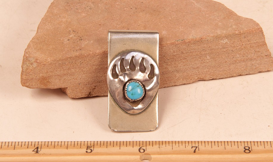 08 - Jewelry-New, Navajo Sterling Silver & Turquoise Bear Claw Motif Money Clip 2" x 1" c.1970s