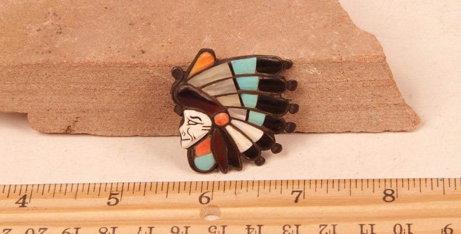 08 - Jewelry-New, Zuni Sterling Silver Inlaid Chief Pin/Pendant by R. Quam 1 1/4" c.1970