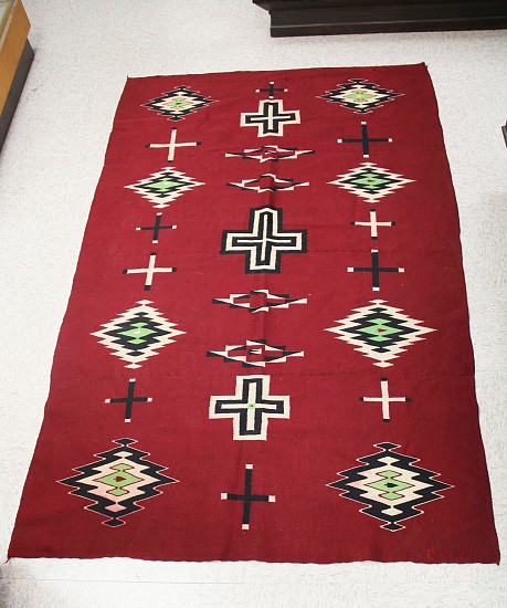 01 - Navajo Textiles, Stunning Large 81"x51" Navajo Germantown /w Cross & Late Classic Motifs - Maroon Field
Late 19th century