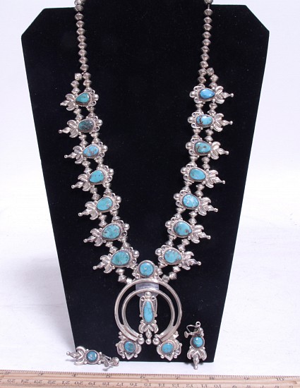 08 - Jewelry-New, Navajo Sterling Silver & Turquoise Squash Blossom Necklace with Screwback Earrings - 24" Long + 3 1/4" squash - 1 3/8" long earrings.